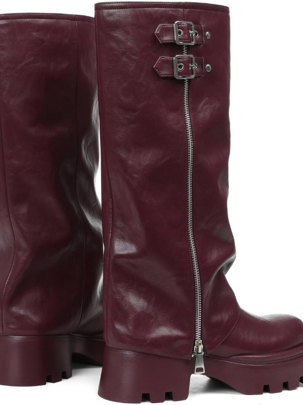 Women's Red Knee High Boots Foldover Wide Calf Pull on Cute Chunky Platform - Picture 4 of 6